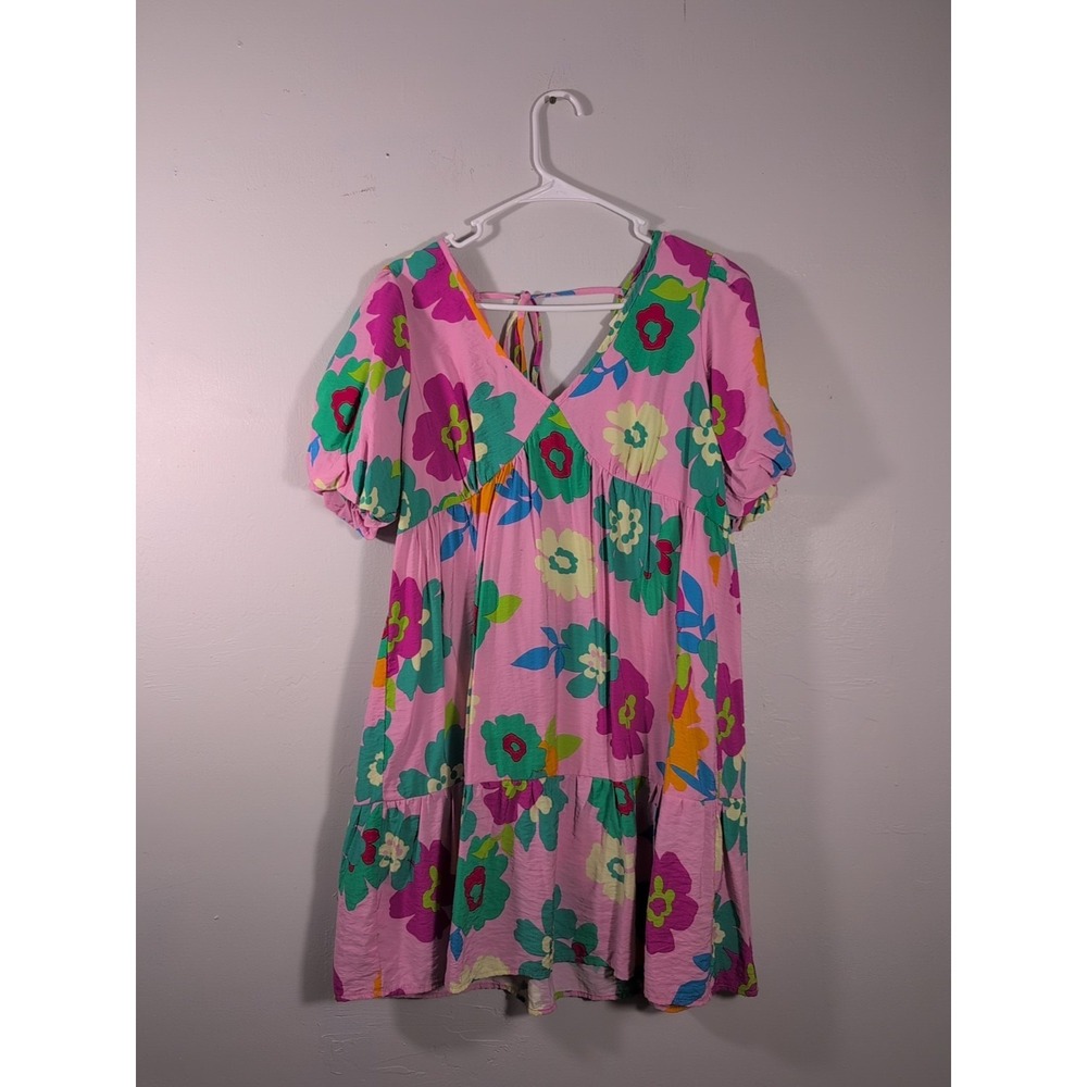 Vine‎ & Love Dress Sz Small Lilac Floral Mini Midi Dress V-Neck Puff Sleeves